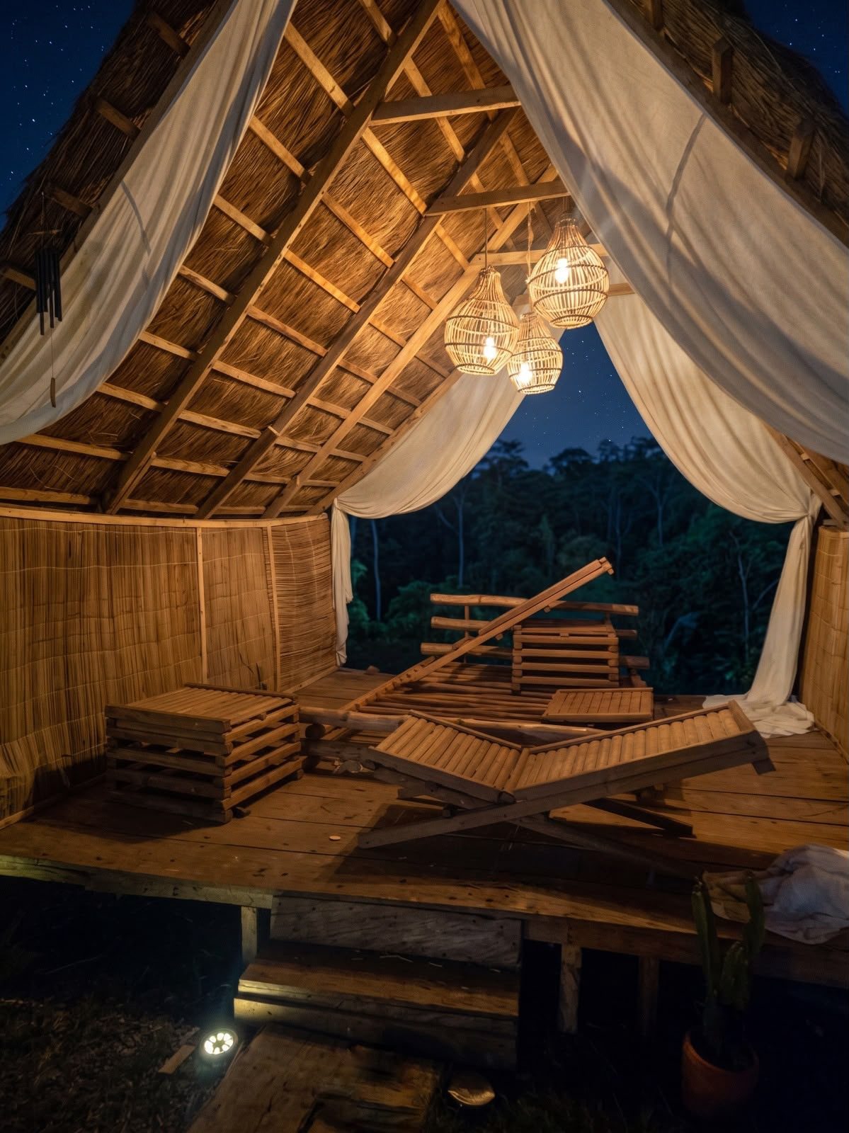 Inside a cabin at night, lit by woven lanterns